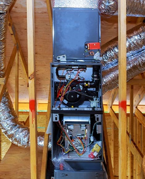 New furnace installed with the front off showing internal components