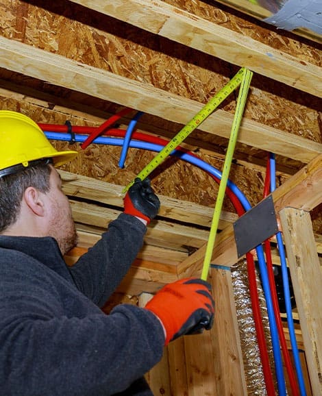 HVAC technician measuring ceiling for new construction install