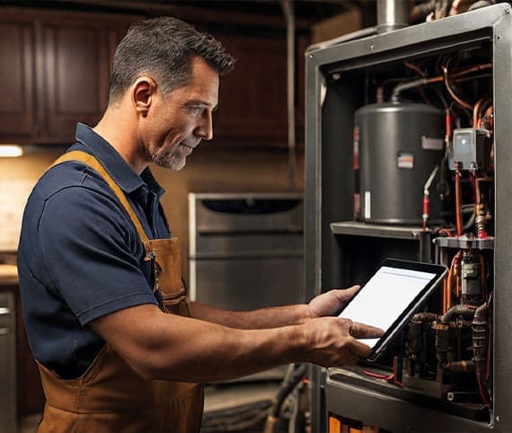 HVAC tech running diagnostics on equipment