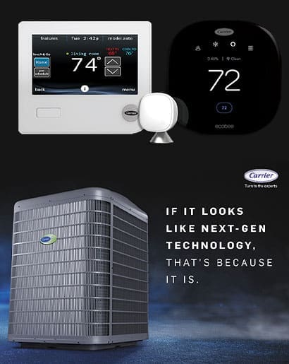 Carrier Air Conditioner with 2 digital thermostats above