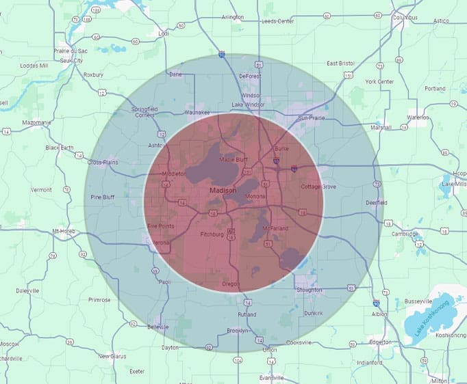 Map of Madison, WI with 20 mile service radius.