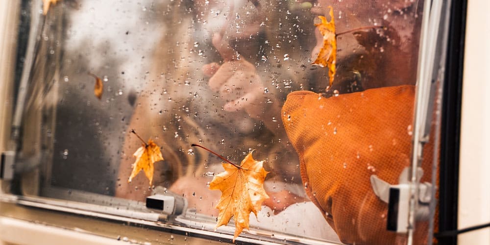 Couple in window looking out with fall leaves and rainy weather