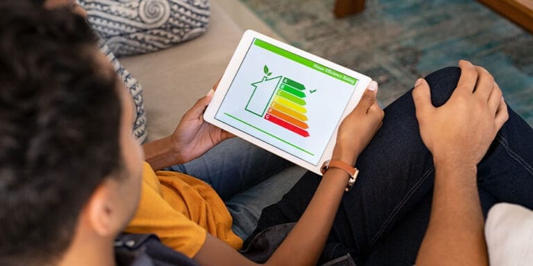 Couple viewing tablet showing house efficiency ratings.